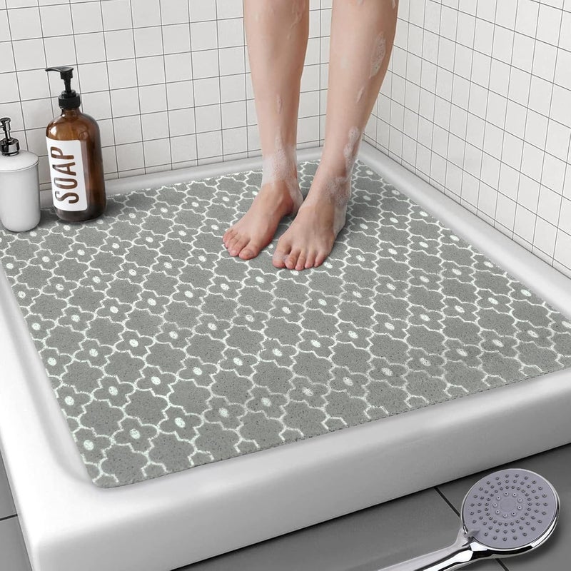 aquoechd حصيرة دش مربعة، 24 × 24 بوصة حصيرة دش غير قابلة للانزلاق رمادية، حصيرة استحمام لوفا سريعة الجفاف من PVC لدش الحمام - Image 1